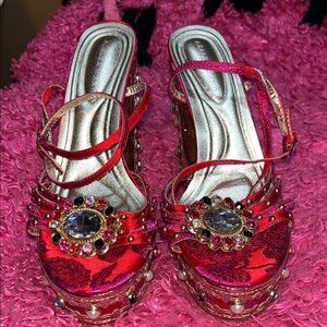 Nordstrom AZALEA WANG - Red Jeweled Platform Sandals w/ Crystal Accents, (SZ.7)